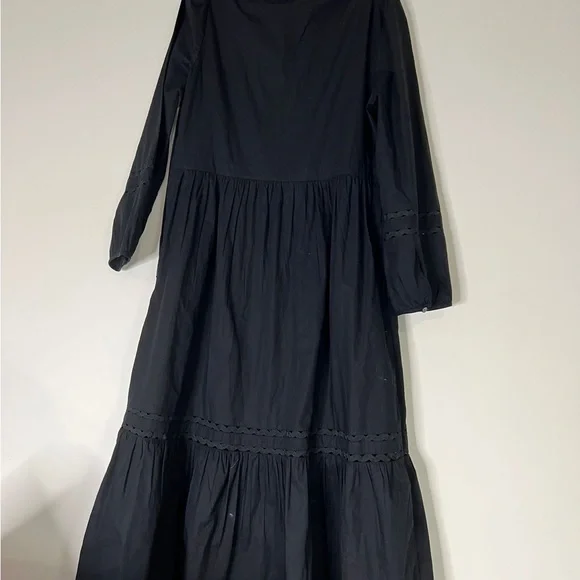 J Crew Midi Dress XS Cotton Blend Black Ruffle 3/4 Sleeve Scalloped Edge A051023 - Picture 3 of 8